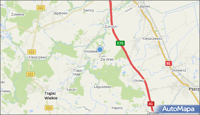 mapa Zła Wieś, Zła Wieś gmina Trąbki Wielkie na mapie Targeo